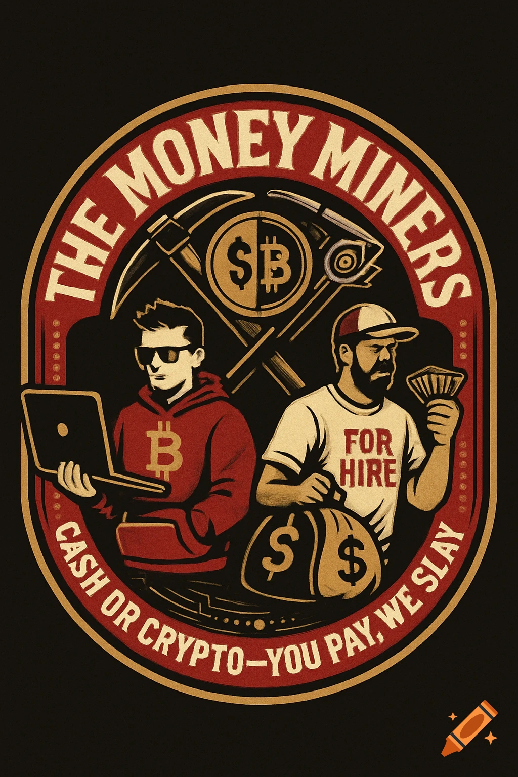 A circular logo for 'The Money Miners' featuring two men, mining tools, cash, and Bitcoin symbols in a bold, vintage style.