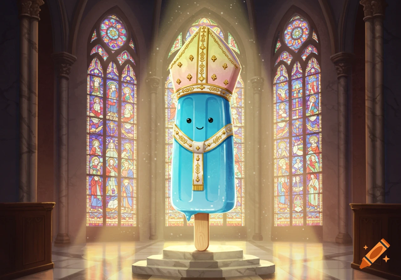 Cartoon blue popsicle dressed as a pope with a miter and stole, standing in a grand church with stained glass windows.