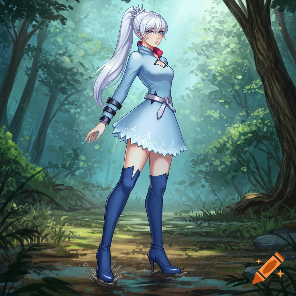 Anime character Weiss Schnee with white hair in a light blue dress and blue boots stands in a rainy forest puddle.