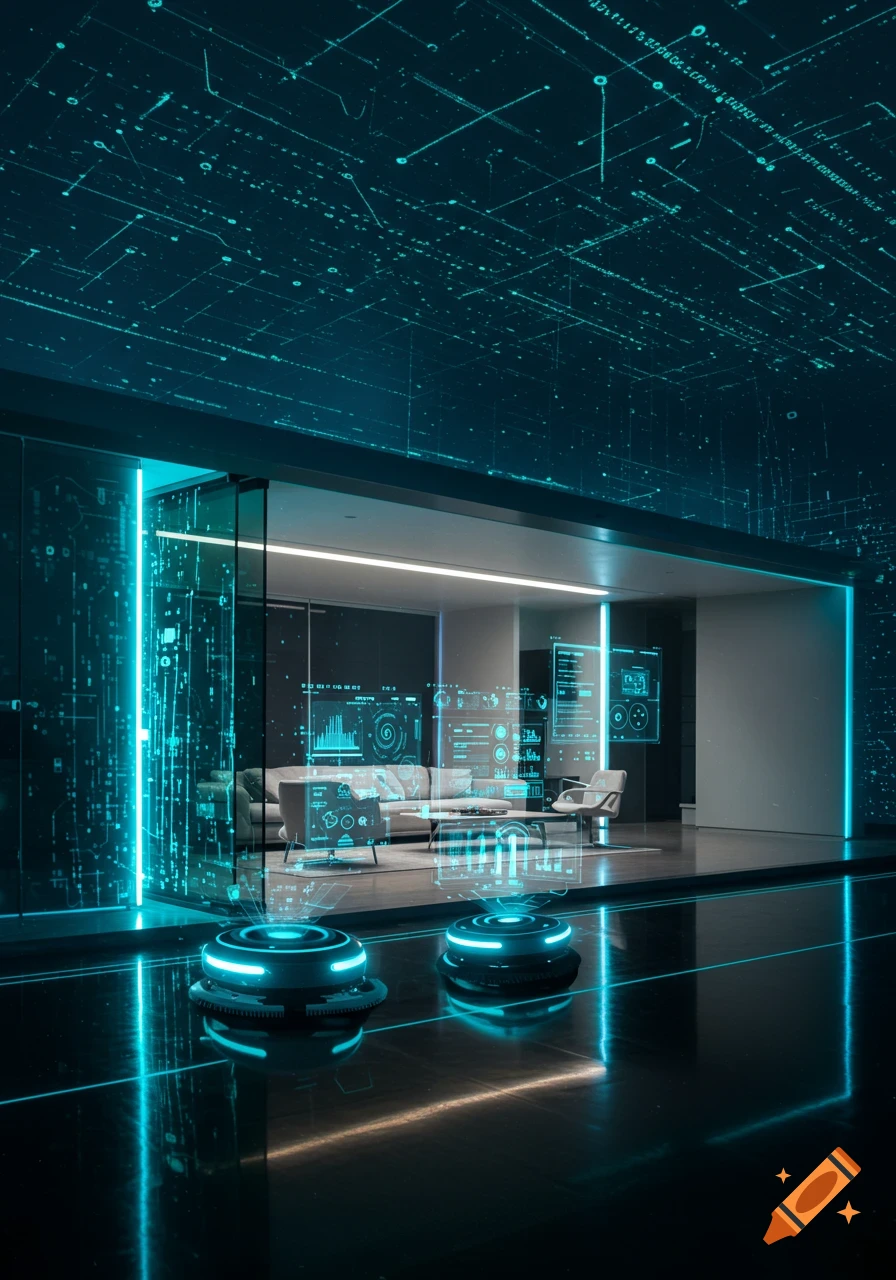 A futuristic smart home interior with glowing blue holographic interfaces, two robot vacuums, and data streams on the ceiling.