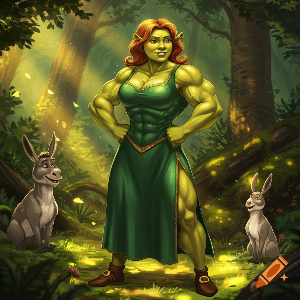 Muscular Princess Fiona in a green dress stands in an enchanted forest with two donkeys.