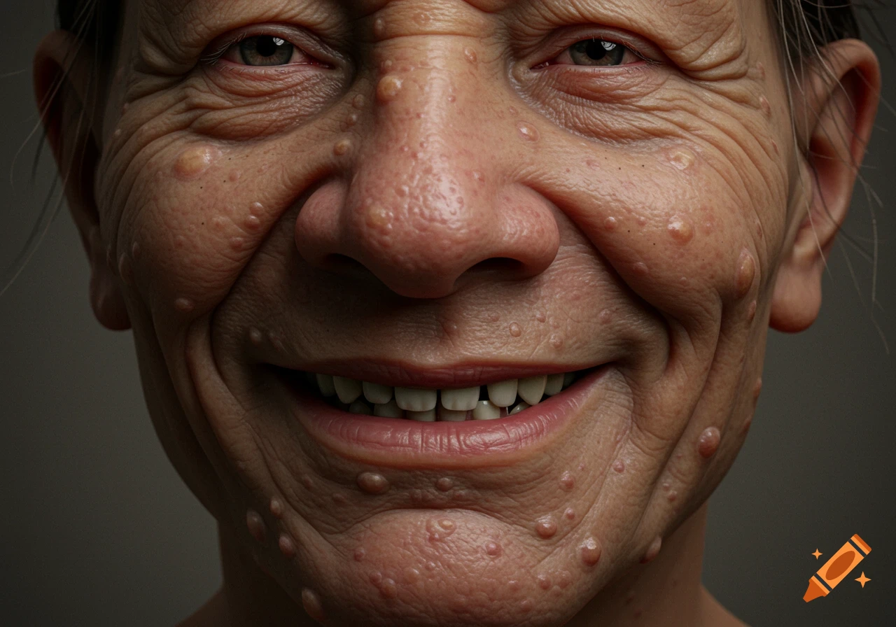 Close-up photorealistic portrait of an elderly person with numerous warts and pimples on a wrinkled face, smiling to show teeth.