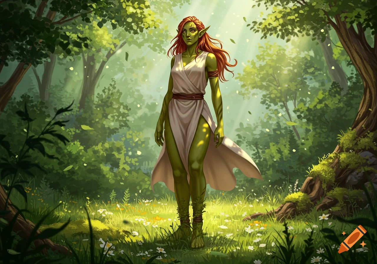 A green-skinned half-orc, half-elf woman with red hair stands in a sunlit, vibrant green forest.