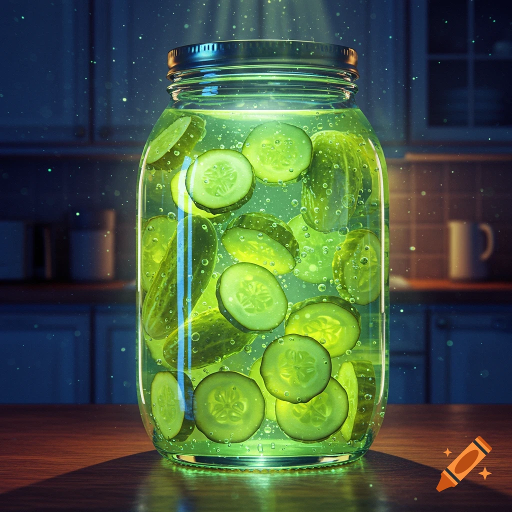 A close-up, photorealistic image of a glass jar filled with glowing green pickle slices and whole pickles in a bright green liquid, set on a wooden table with a blurred kitchen background.