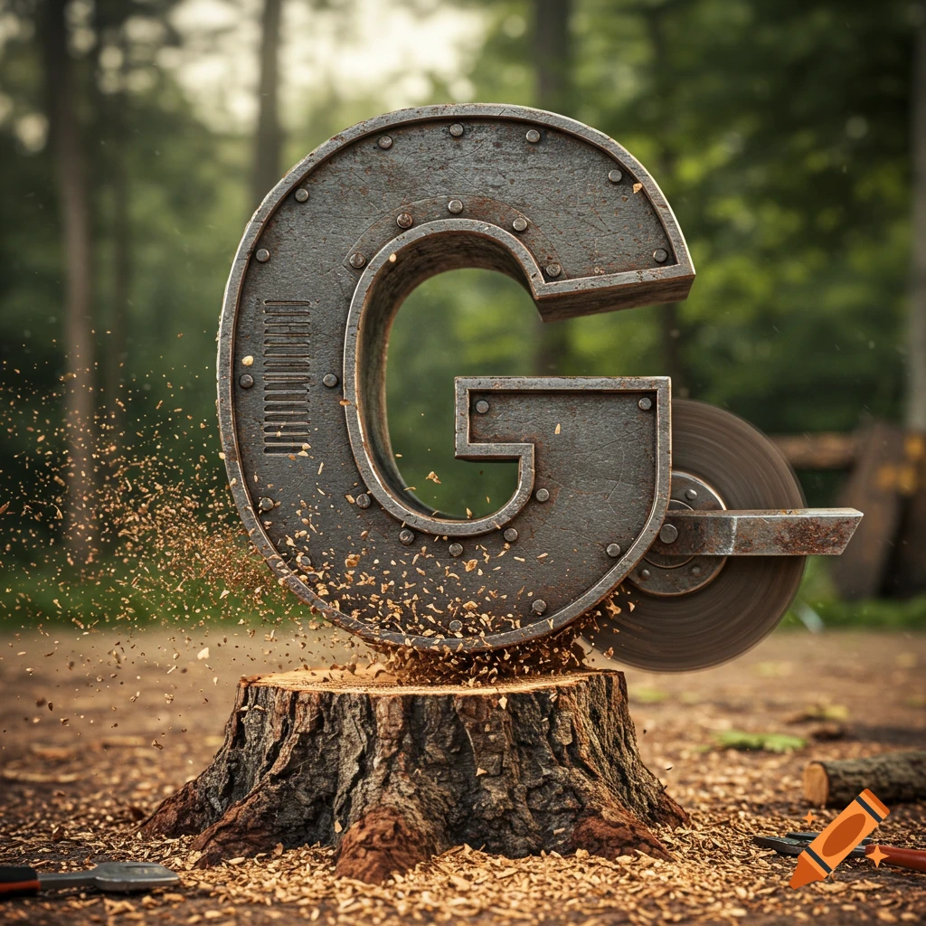 Photorealistic image of a rusted metal letter G acting as a stump grinder in a forest, with wood chips flying.