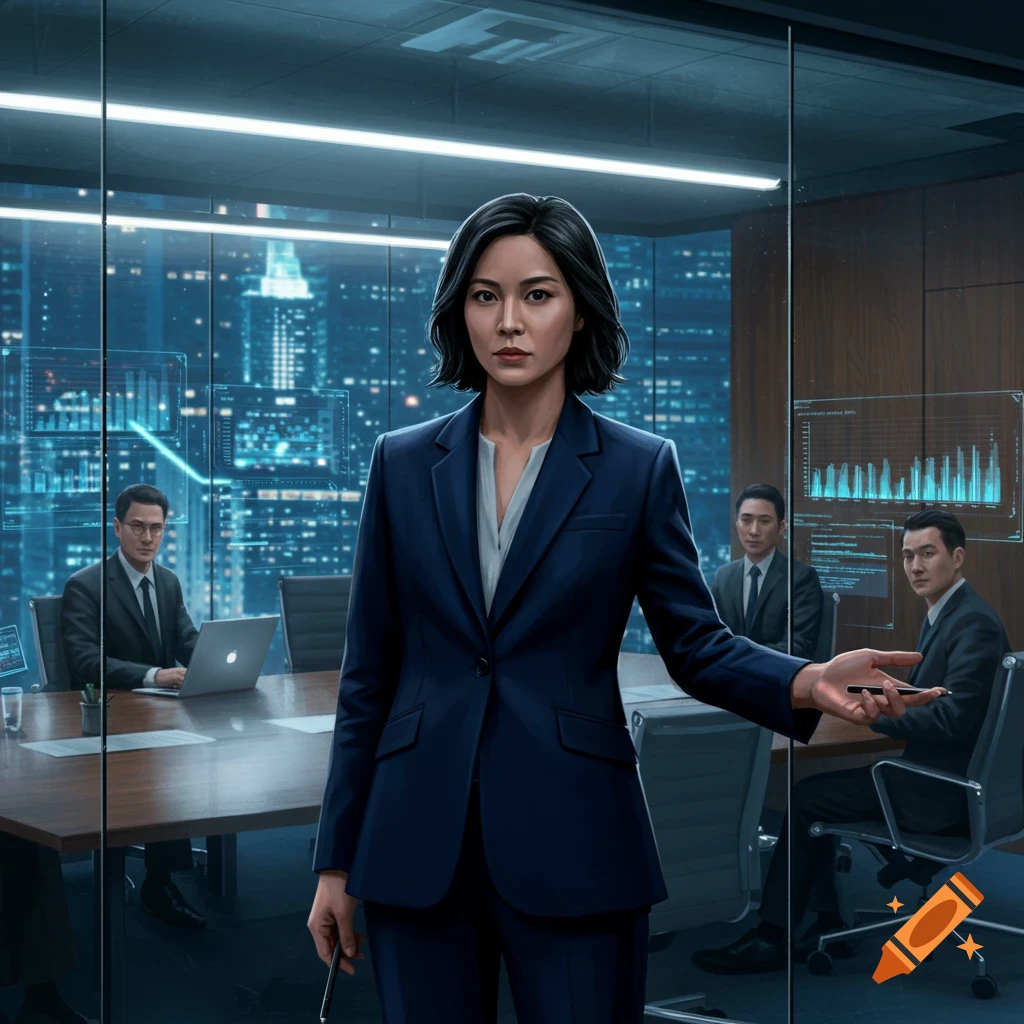 A confident woman in a dark suit stands in a modern corporate boardroom with holographic screens and colleagues.