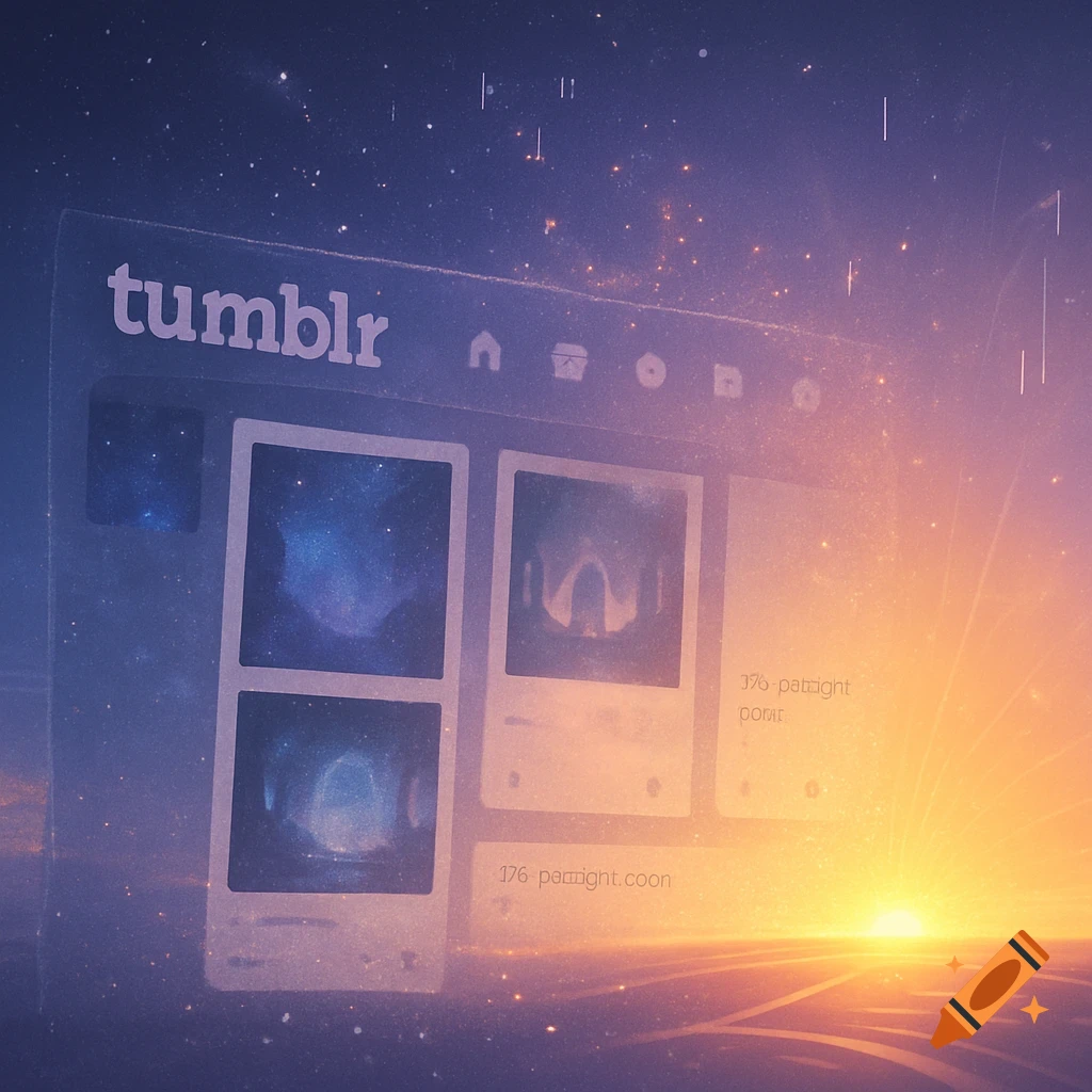 A digital art rendering of a Tumblr dashboard floating in ethereal space with a sunrise on the horizon.