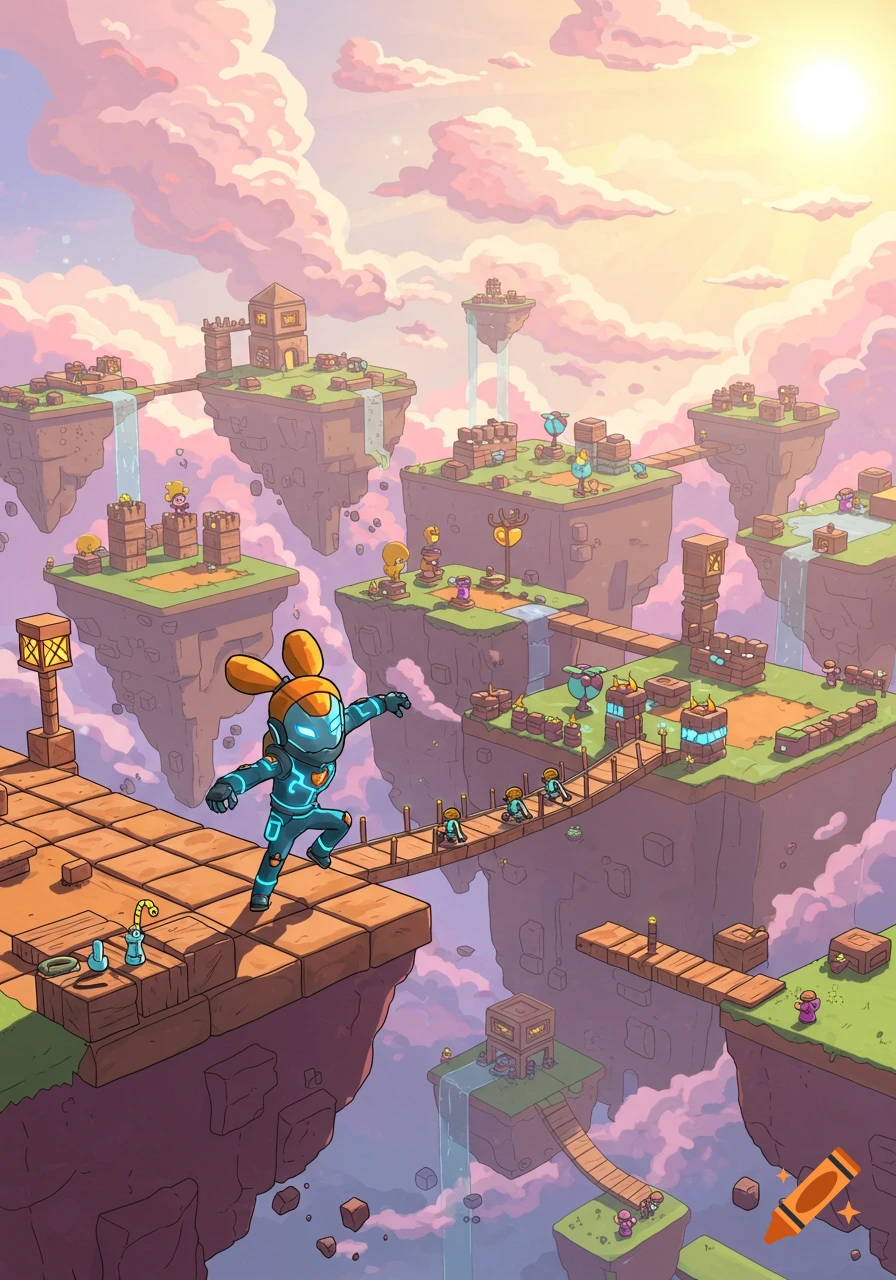 A futuristic rabbit character on a floating island in a colorful, cartoonish fantasy video game world with islands, bridges, and pink skies.
