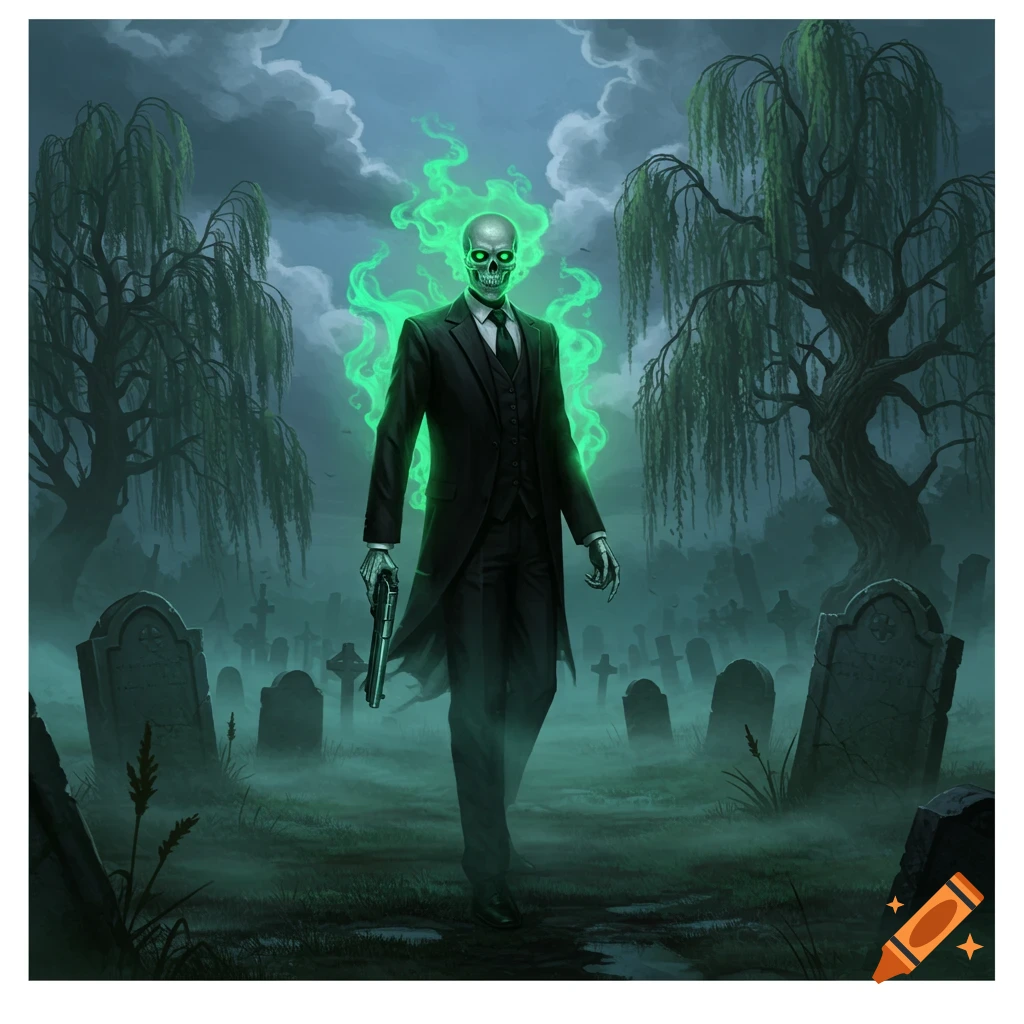A skeleton man in a black suit with a glowing green aura stands in a misty cemetery, holding a gun.
