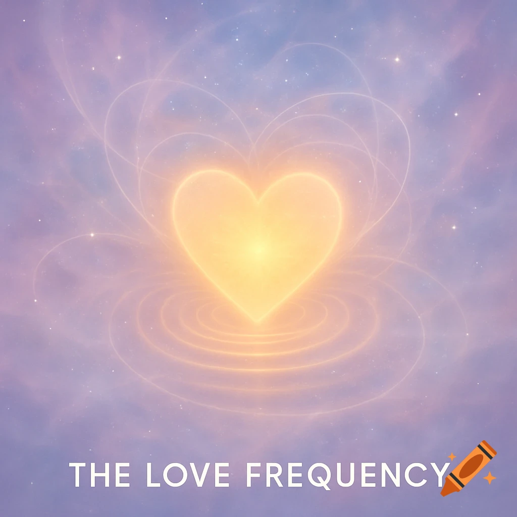A glowing golden heart with radiating rings against a starry purple and blue cosmic sky, with the text "THE LOVE FREQUENCY" below.