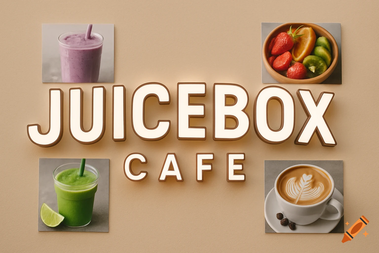 A 3D sign for JUICEBOX CAFE with illuminated letters on a beige wall, surrounded by square images of smoothies, a fruit bowl, and coffee.