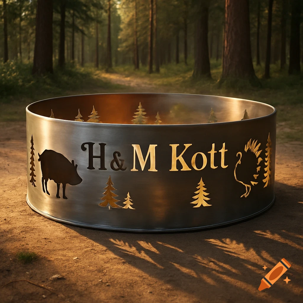 A metal campfire ring with cutouts of a pig, spruce trees, a turkey, and the words "H & M Kott" in a forest.