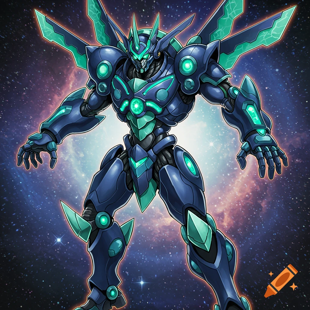 A stylized blue and teal mecha robot with large wings stands powerfully against a cosmic galaxy background.