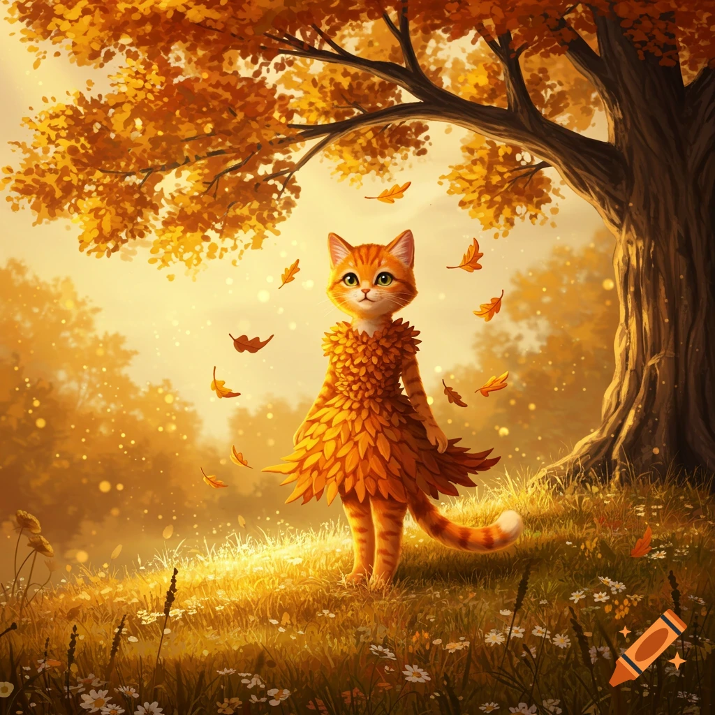 An anthropomorphic orange cat in a dress made of autumn leaves stands in a golden autumn forest with falling leaves.