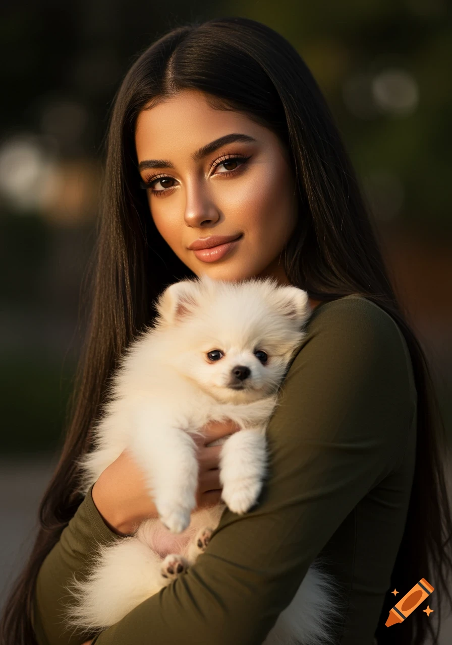 A beautiful Persian girl with long dark hair holds a fluffy white Pomeranian puppy, smiling softly at the camera in golden hour lighting.