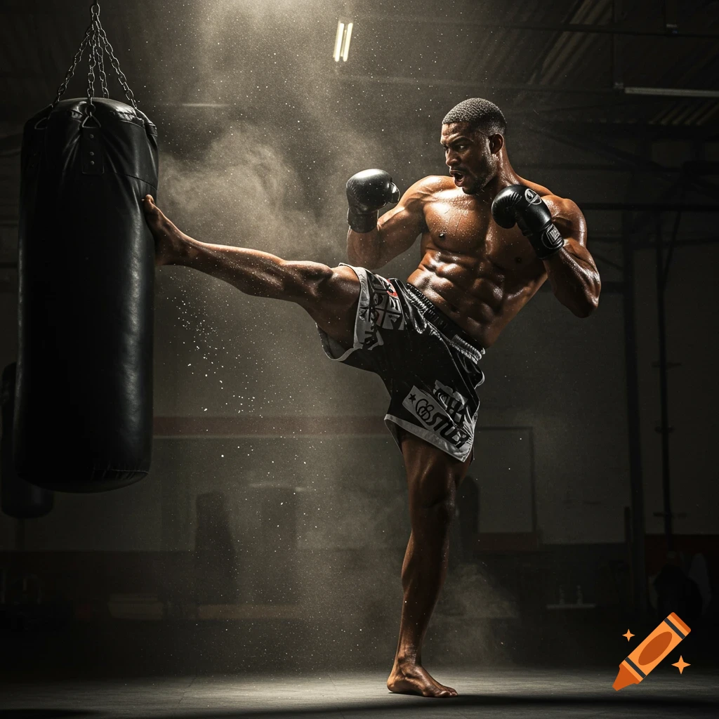A muscular male kickboxer delivers a powerful kick to a heavy bag in a dimly lit gym, dust particles illuminated by overhead lights.