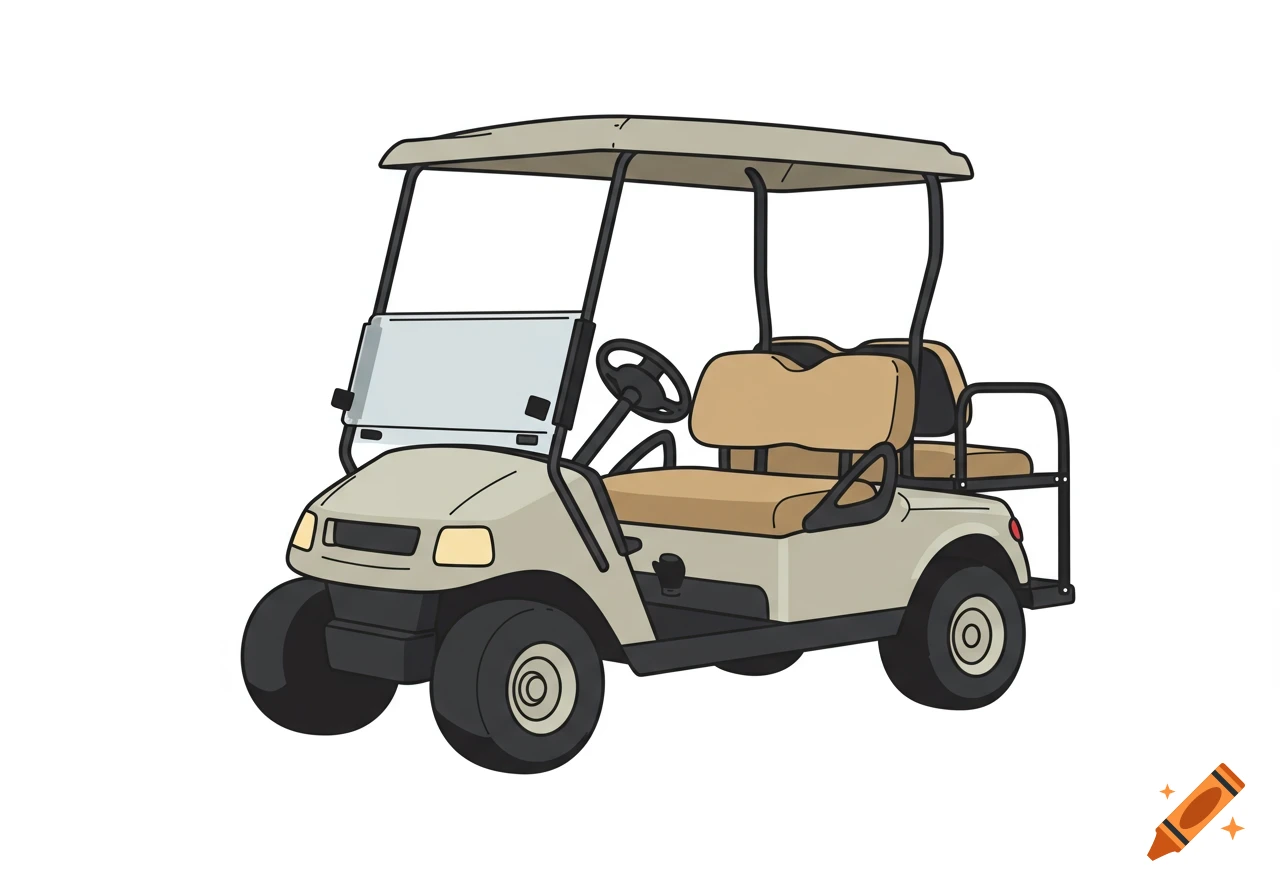 An illustration of a beige golf cart with brown seats on a white background.