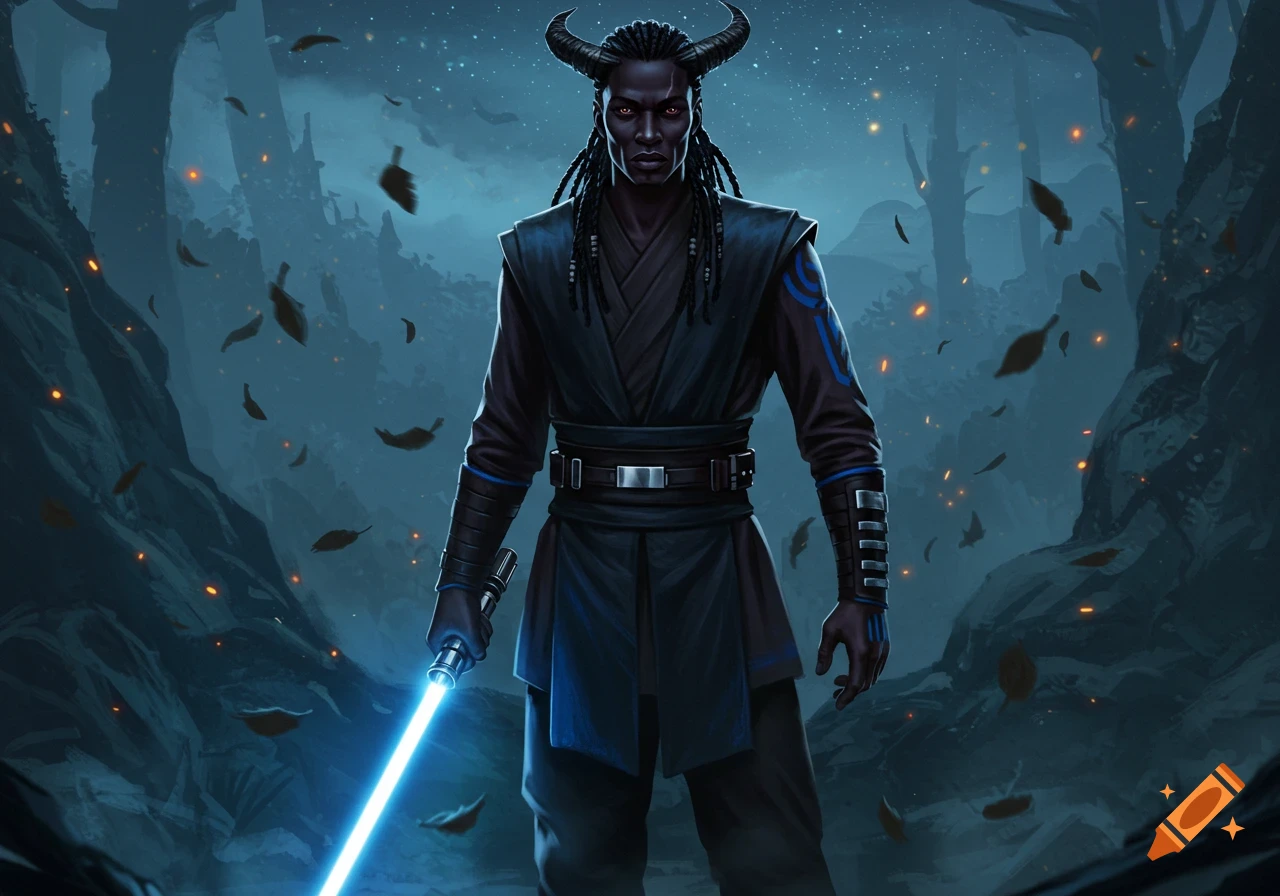 A dark-skinned horned man in a dark robe holds a glowing blue lightsaber in a misty, dark forest.