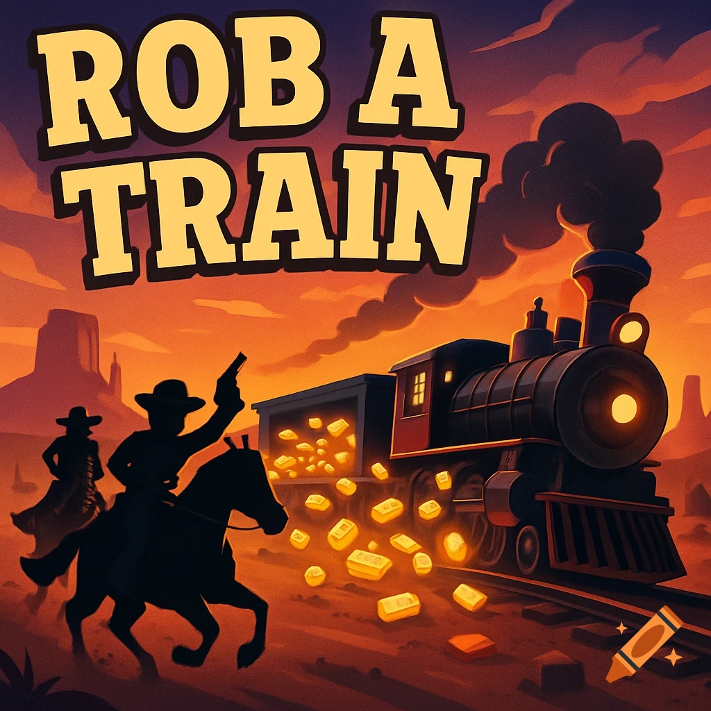 Stylized Western game art. Outlaws on horseback rob a train spilling gold, under a sunset. Text: ROB A TRAIN.