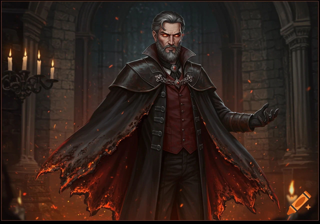 A gothic gentleman with glowing red eyes and a fiery cape stands in a dark stone hall, digital painting.