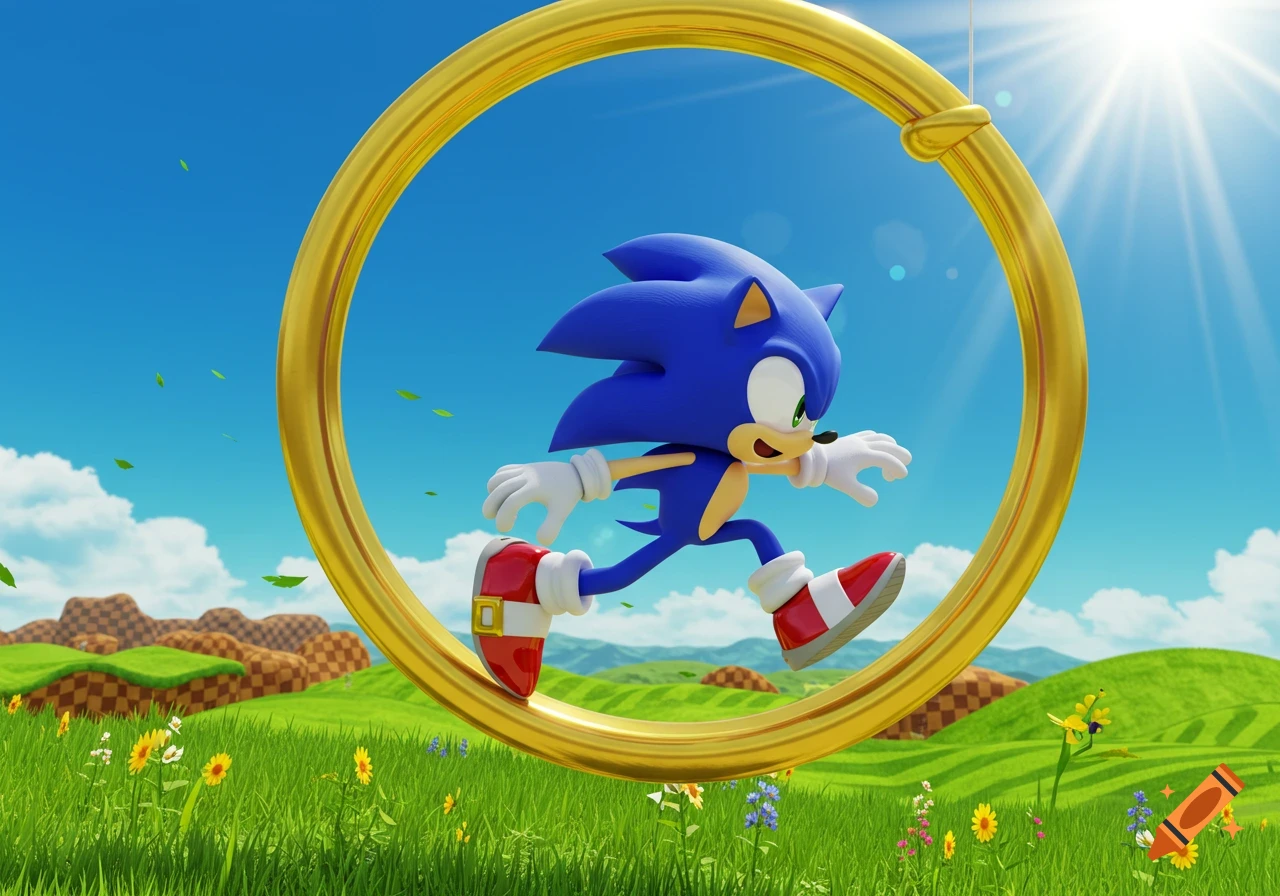 Sonic the Hedgehog runs through a large golden ring in a bright green hilly landscape with a blue sky.