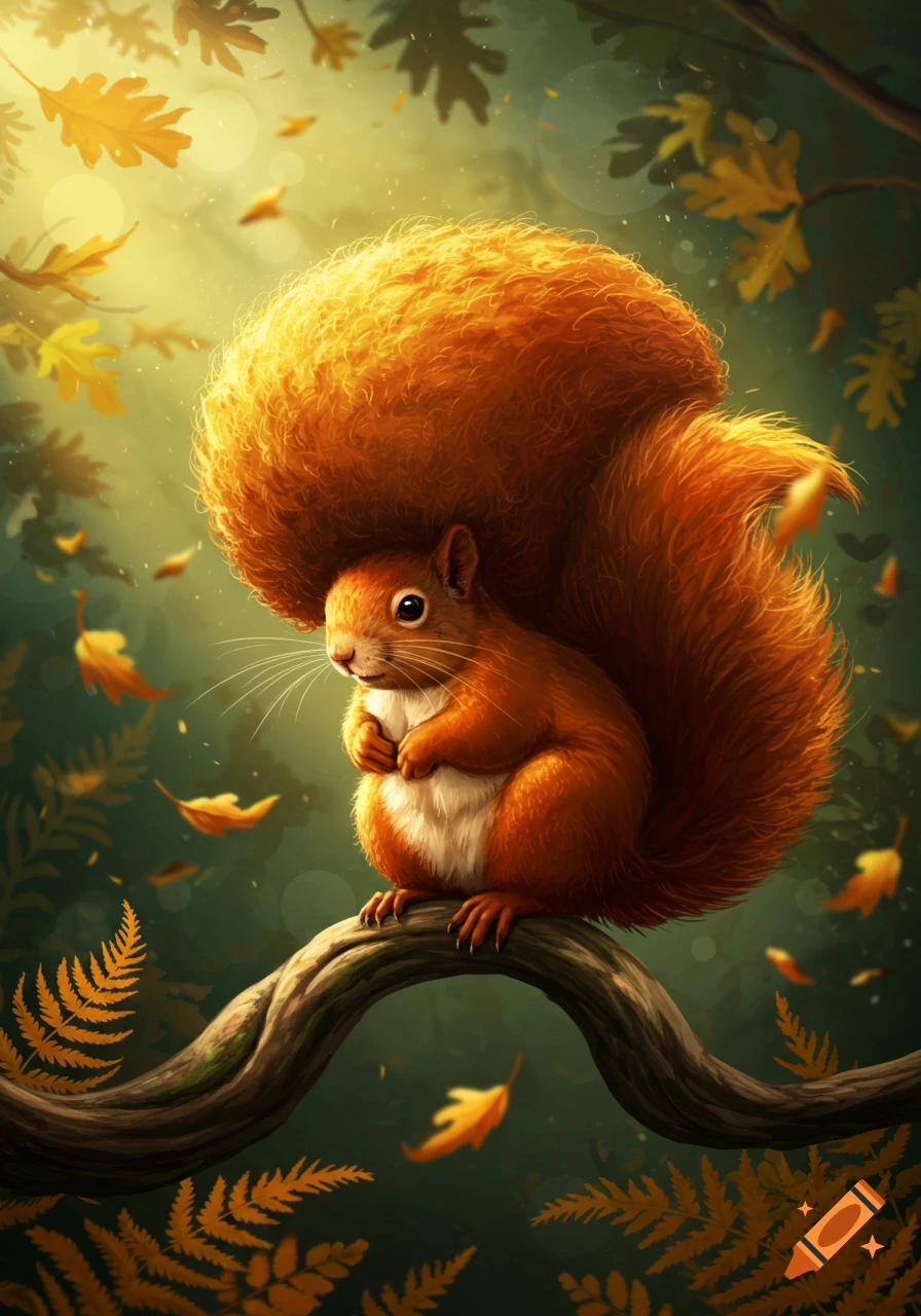 A cute, fluffy red squirrel with a large, bushy tail sits on a tree branch among falling autumn leaves and ferns in a stylized forest.