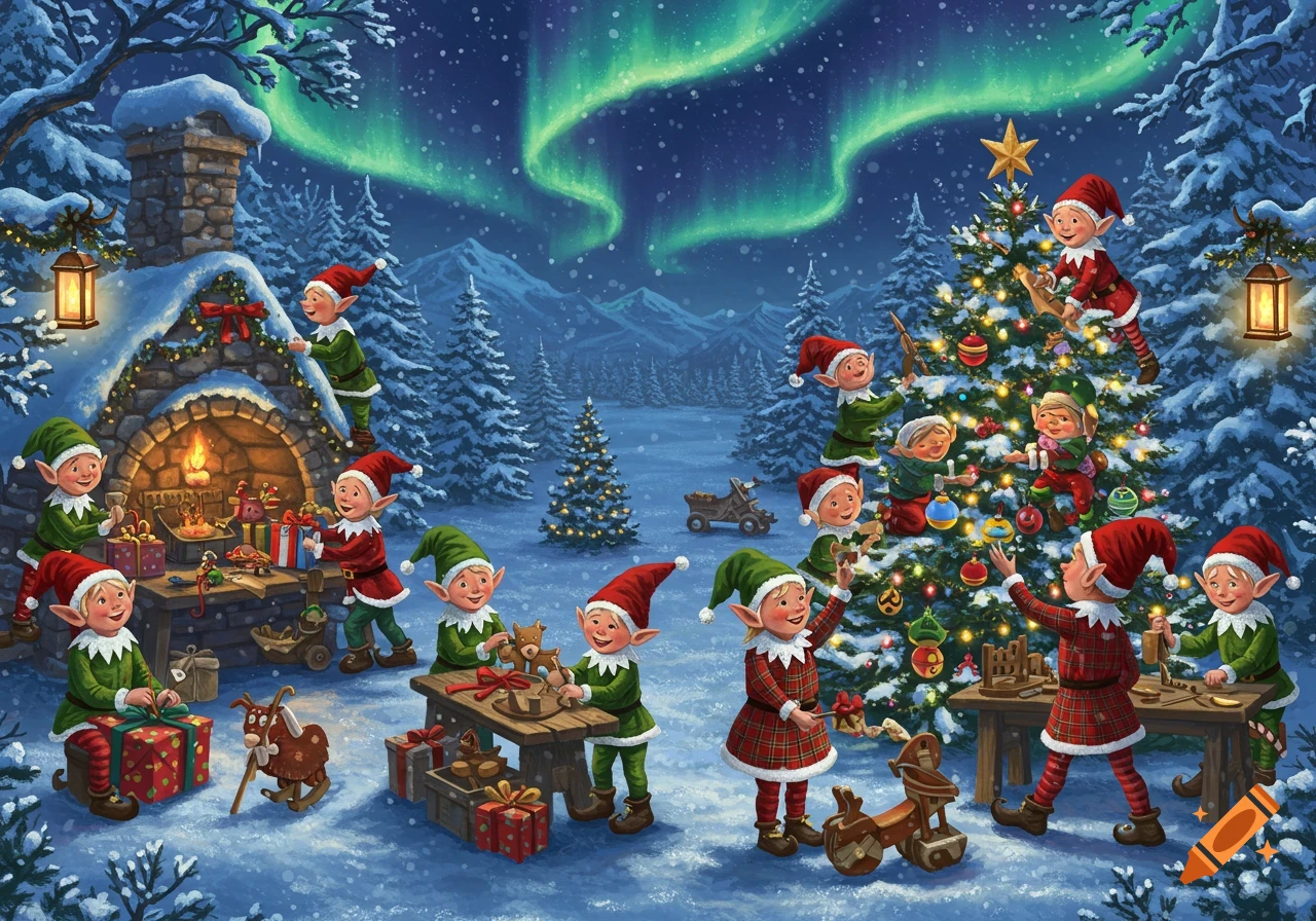 Illustrated scene of festive elves making toys and decorating a Christmas tree in a snowy winter wonderland under the aurora.