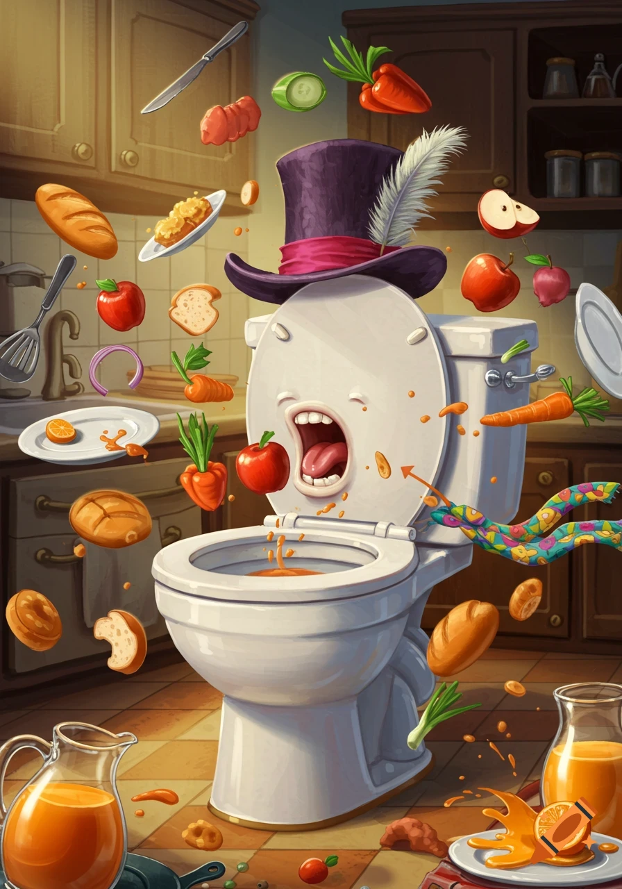 Cartoon toilet with top hat and face devours kitchen food items floating around it in a humorous illustration.