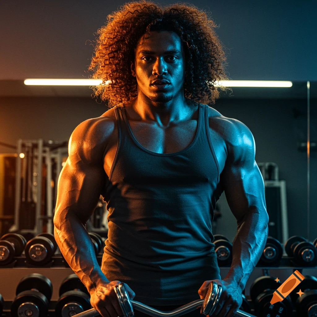 Photorealistic image of a muscular man with curly hair posing in a dimly lit gym with blue and orange lighting.