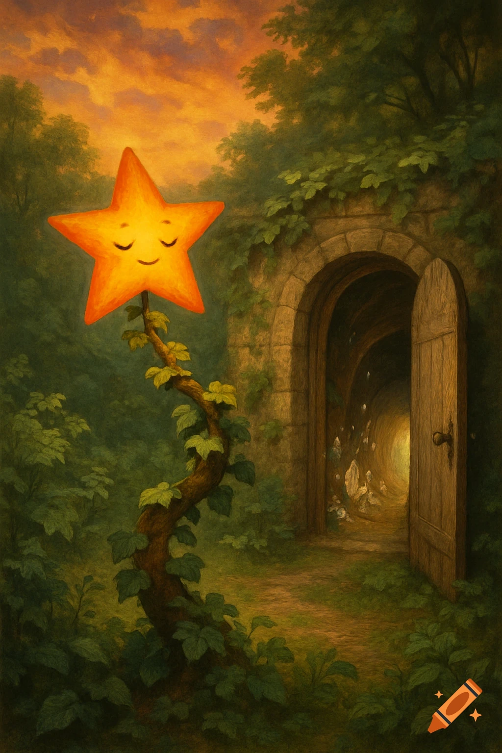 A whimsical illustration of a smiling orange star on a leafy vine, next to an open wooden door leading into a glowing tunnel in a lush, green forest.