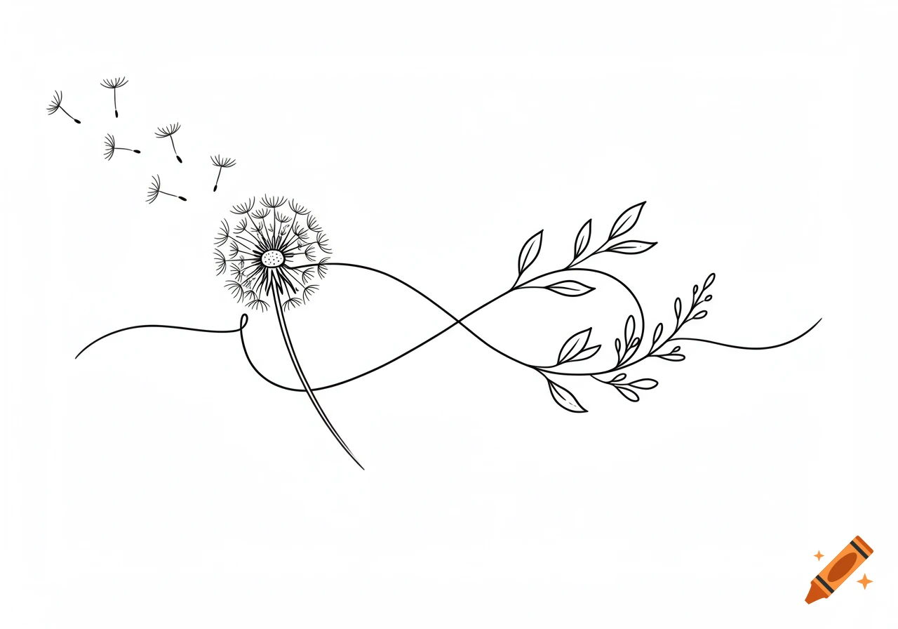 A minimalist black and white line art illustration featuring a dandelion, blowing seeds, an infinity symbol, and a botanical sprig of leaves.