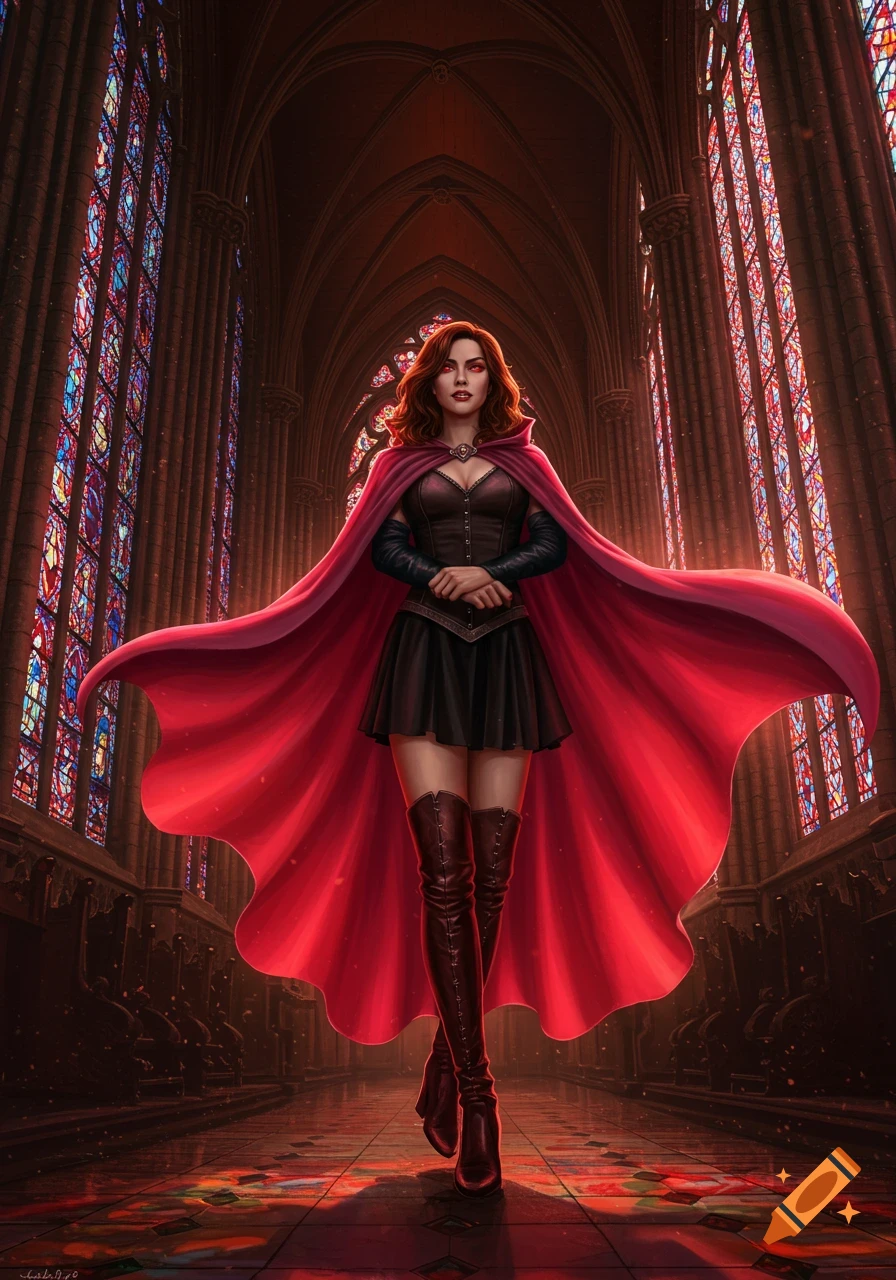 A regal female vampire with red hair and glowing red eyes stands in a gothic church wearing a black dress, knee-high boots, and a flowing red cape. Sunlight streams through stained glass windows.