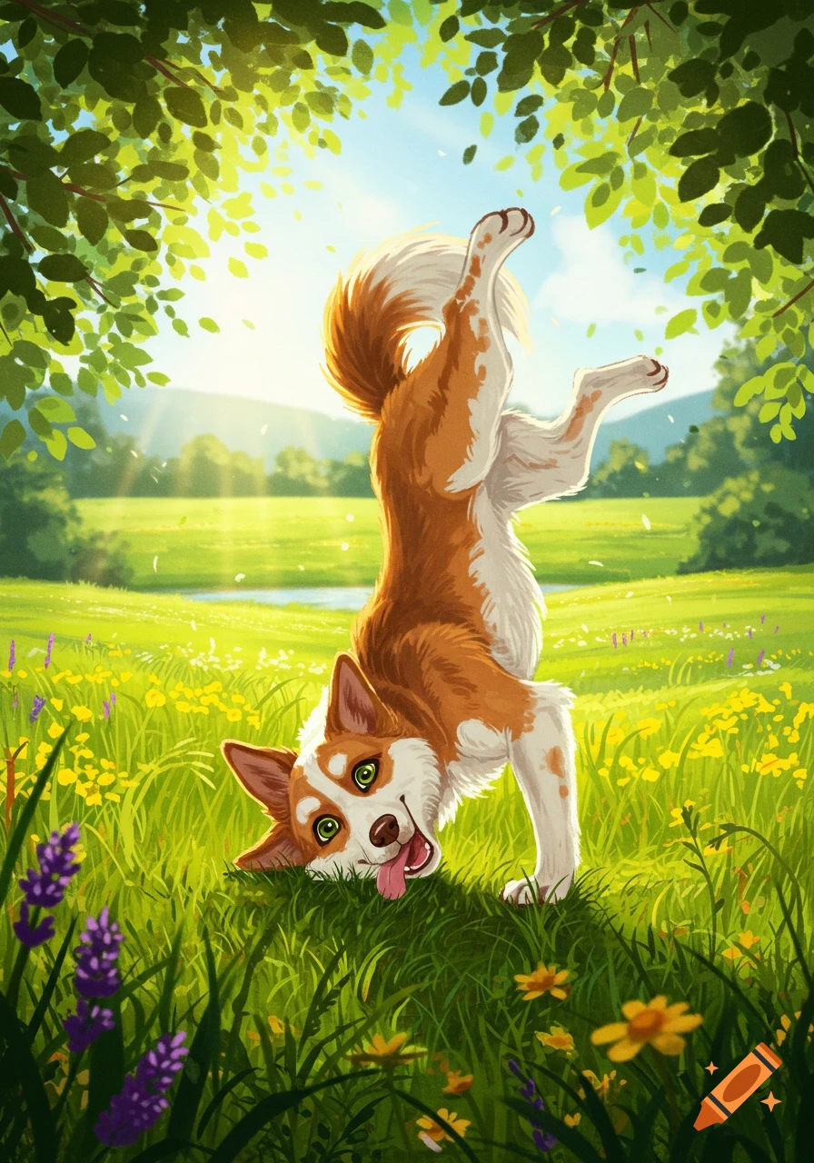 Illustration of a playful brown and white dog doing a headstand in a sunny green field with flowers and trees.