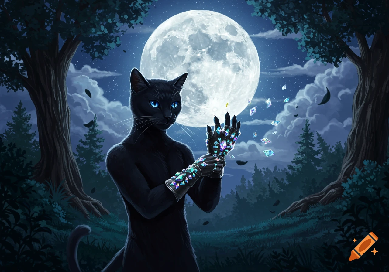 A black cat-like warrior puts on a glowing diamond glove under a large full moon in a dark, mystical forest.