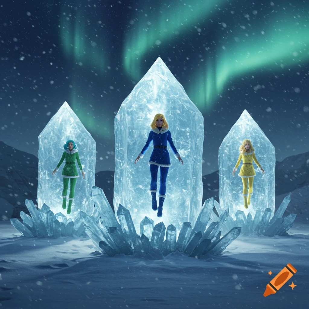 Three stylized women in colorful outfits are frozen in large ice blocks, surrounded by ice shards and snow under a vibrant aurora borealis.