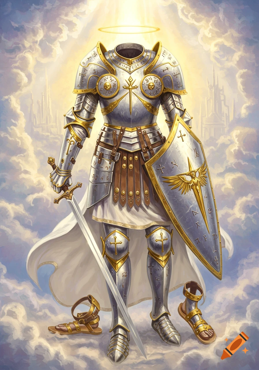 An ornate suit of silver and gold armor with a sword and shield stands on clouds under a glowing halo, with a castle in the background.