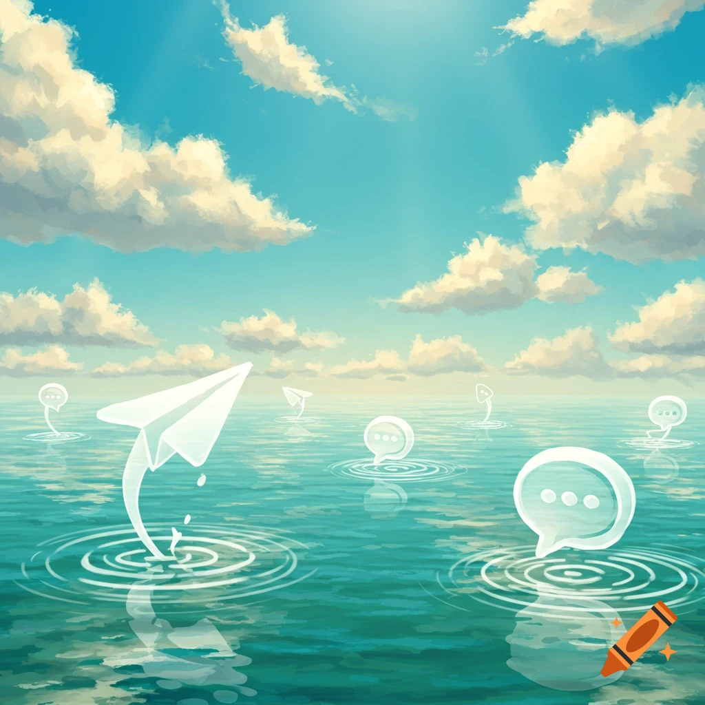 A white paper airplane launches from blue water with ripples, surrounded by white chat bubble icons, under a bright blue sky with clouds. Digital illustration.