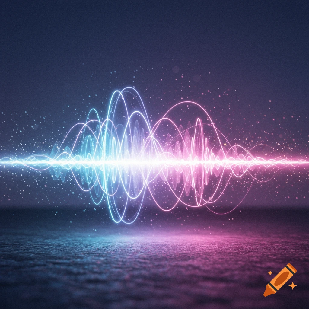 Vibrant neon blue and pink sound waves pulsate across a dark, reflective surface amidst glowing particles.