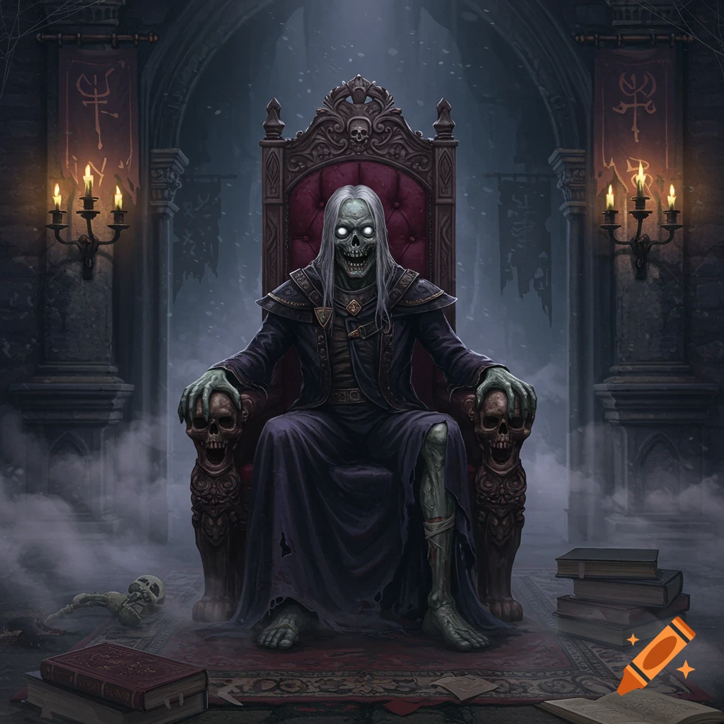 A skeletal zombie lord with glowing eyes sits on an ornate throne in a dark, Gothic hall with candles and banners.