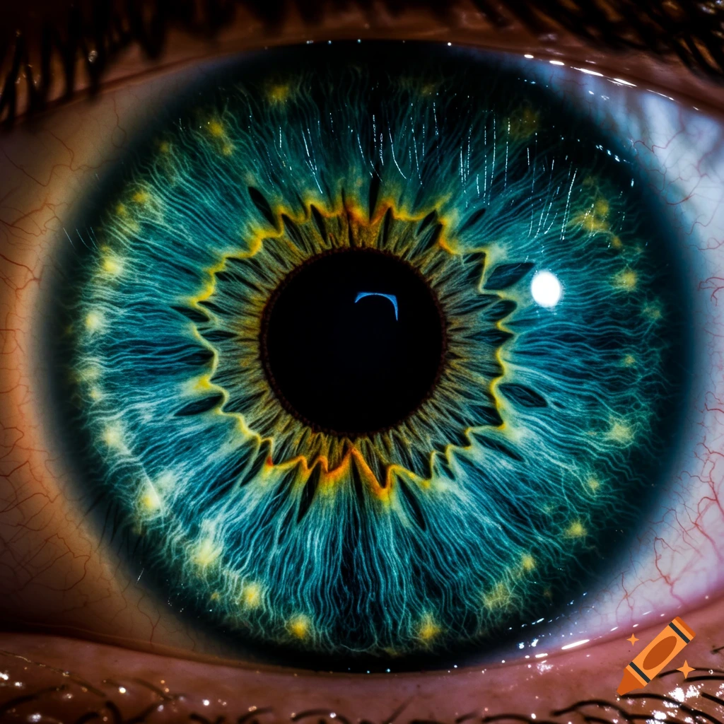 Extreme macro close-up of a human eye, showing the intricate teal, yellow, and orange patterns of the iris with blood vessels visible around it. Photorealistic style.