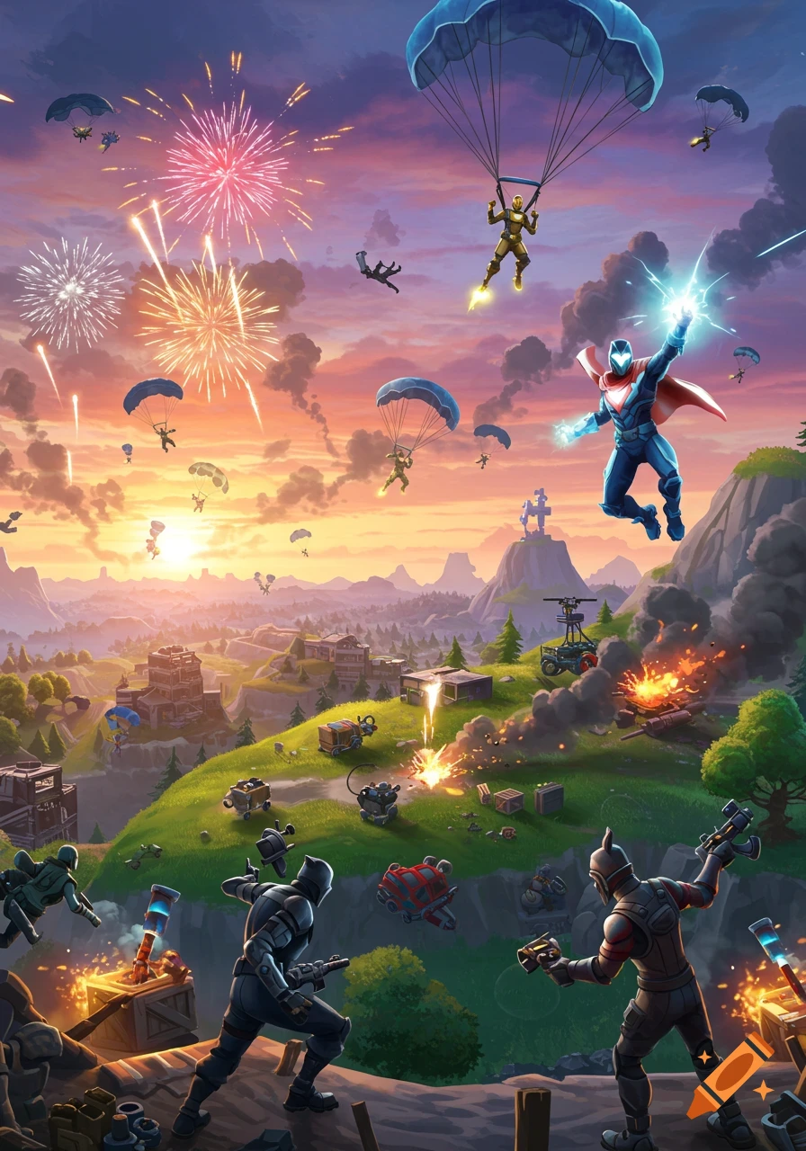 Vibrant Fortnite battle royale scene with characters fighting, parachuting, and fireworks against a colorful sunset sky.