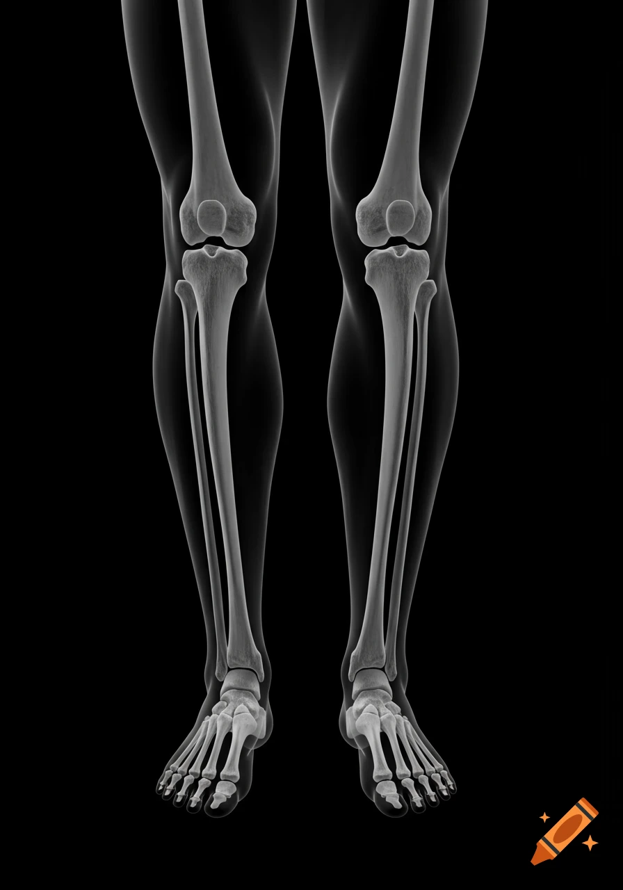 Realistic black and white X-ray image of human lower legs, showing detailed tibia, fibula, and foot bones with faint soft tissue outlines.