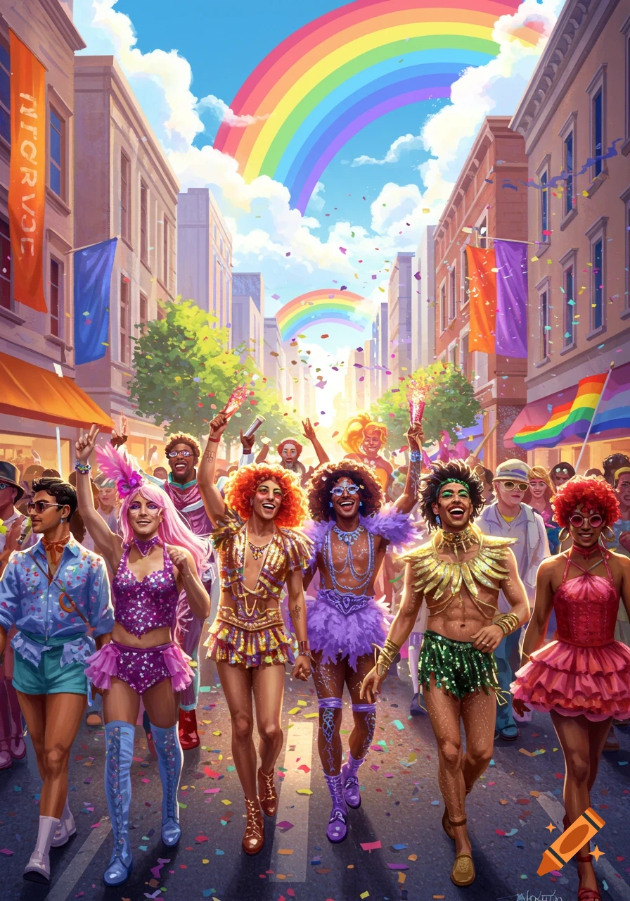 A colorful, vibrant Pride parade on a city street with people celebrating under a bright rainbow and falling confetti.