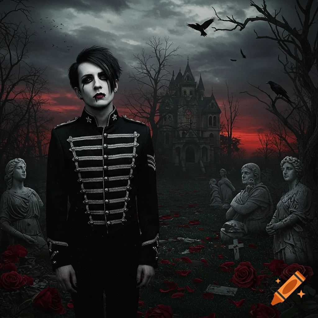 A person with dark hair and gothic makeup in a military-style jacket stands in a gloomy graveyard with a haunted mansion, crows, and red roses under a dark sky.