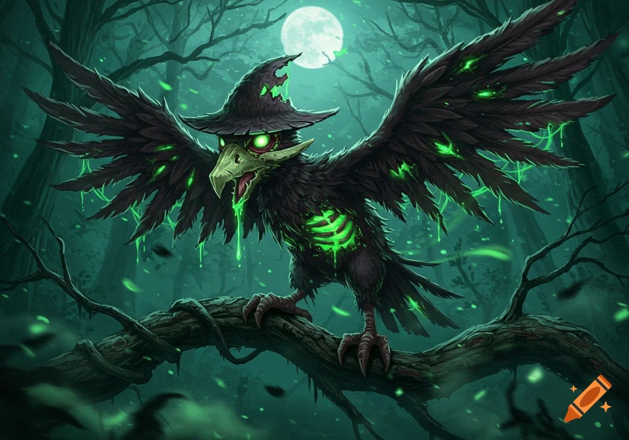 Realistic zombie Murkrow Pokemon with a tattered witch hat and glowing green slime, standing on a branch in a dark forest under a full moon.