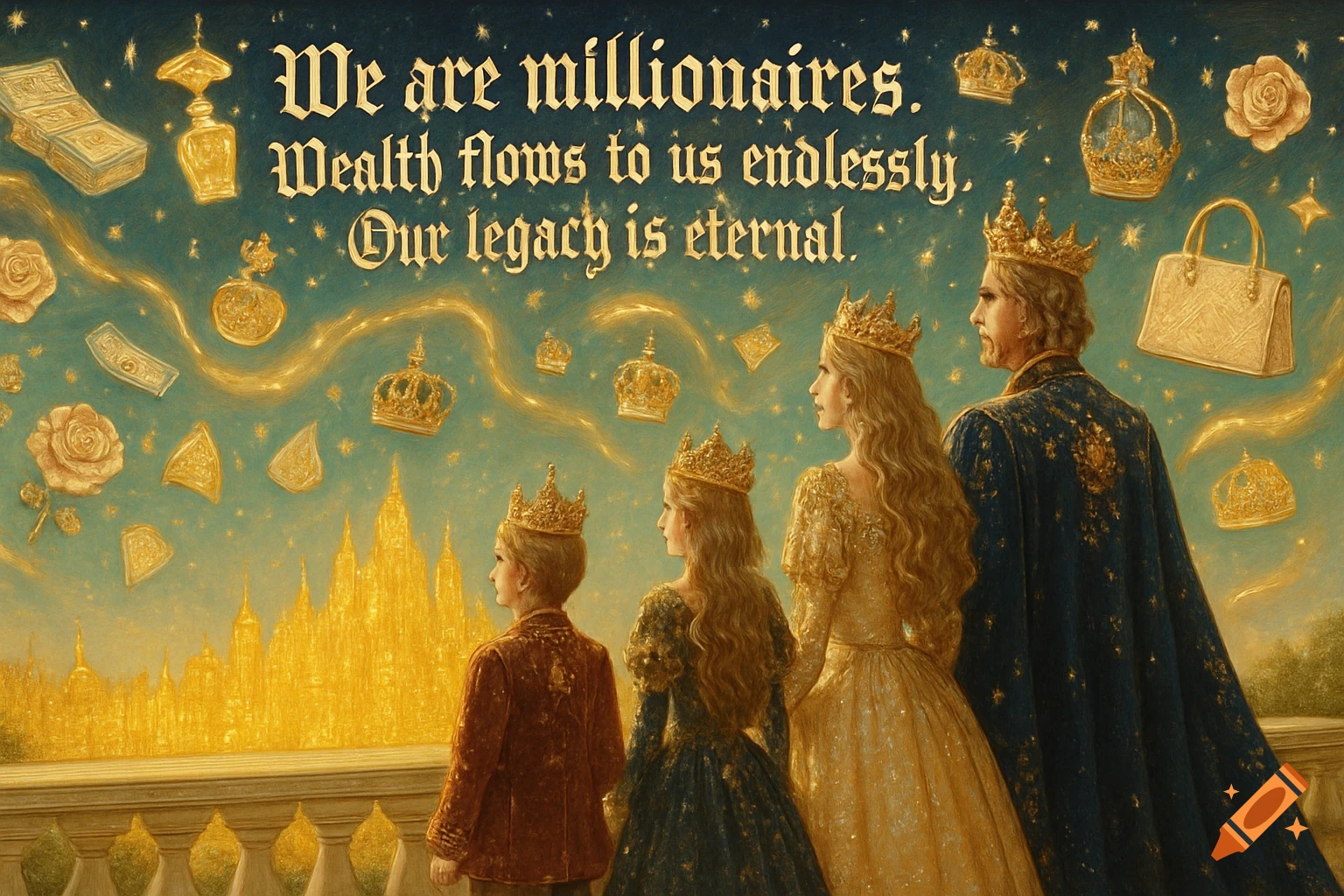 A regal family on a balcony overlooks a golden city under a sky with floating luxury items and golden text.
