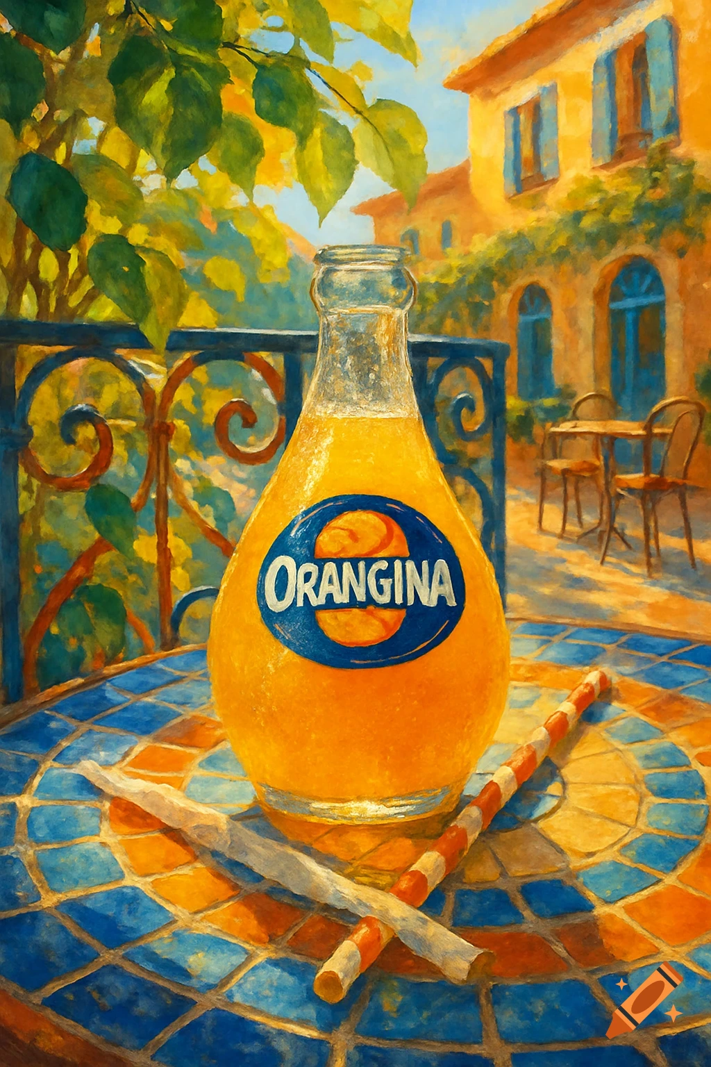 An impressionistic painting of an Orangina bottle on a blue and orange tiled table, with a building and trees in the background.