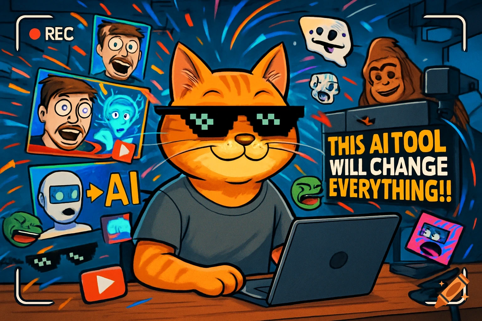 A cartoon ginger cat in pixelated sunglasses uses a laptop, surrounded by floating AI-themed elements, meme faces, and a headline reading "THIS AI TOOL WILL CHANGE EVERYTHING!!".