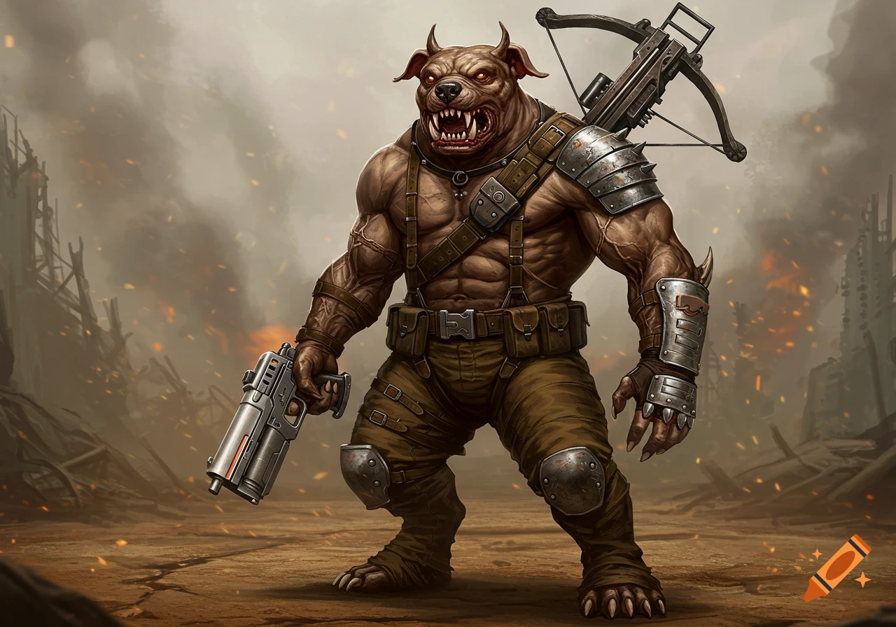 A muscular, bipedal pit bull mutant with a large mouth holds a laser pistol and wears a crossbow, standing in a post-apocalyptic landscape.