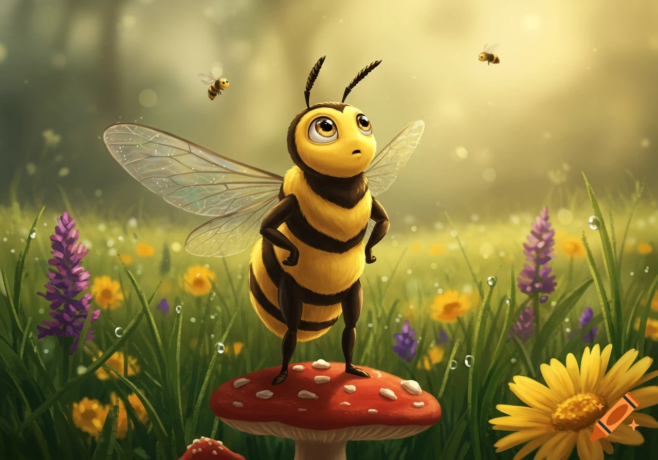 A cute anthropomorphic bee with hands on its hips stands on a red mushroom in a sunny, grassy field with flowers and other bees flying around.